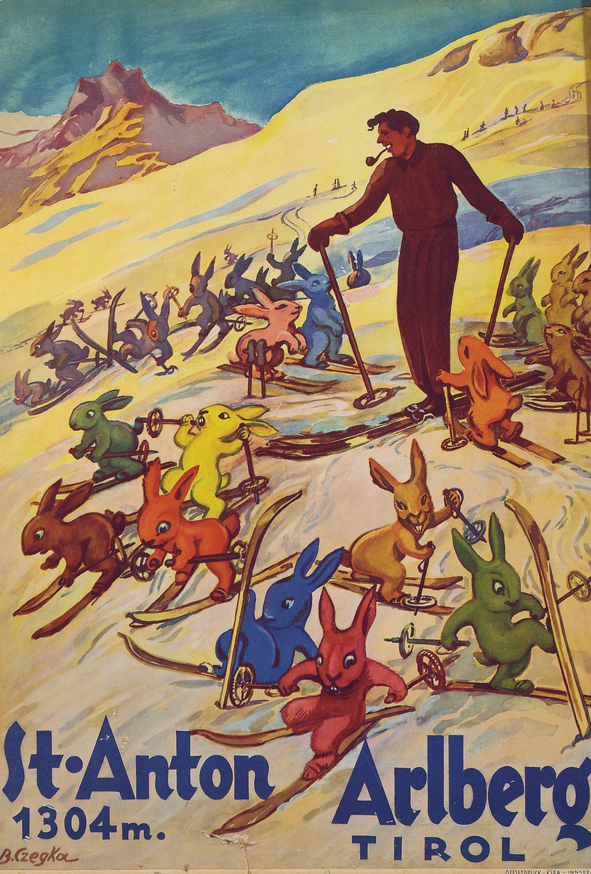 Anton, Arlberg, ca. 1930 (farvelitografi) af Bertha Czegka