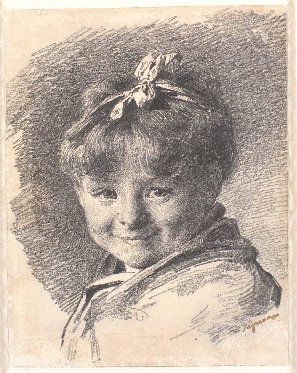 Portræt af en lille pige med kort hår og hårbånd af Bertha Wegmann