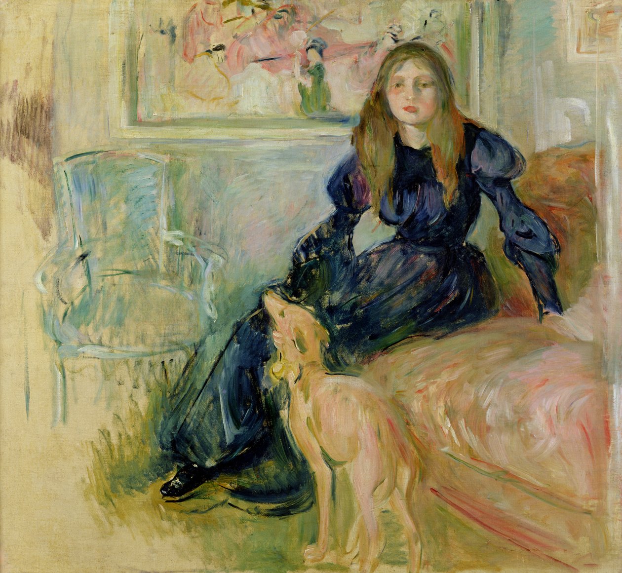 Julie Manet (1878-1966) og hendes Greyhound Laerte, 1893 af Berthe Morisot