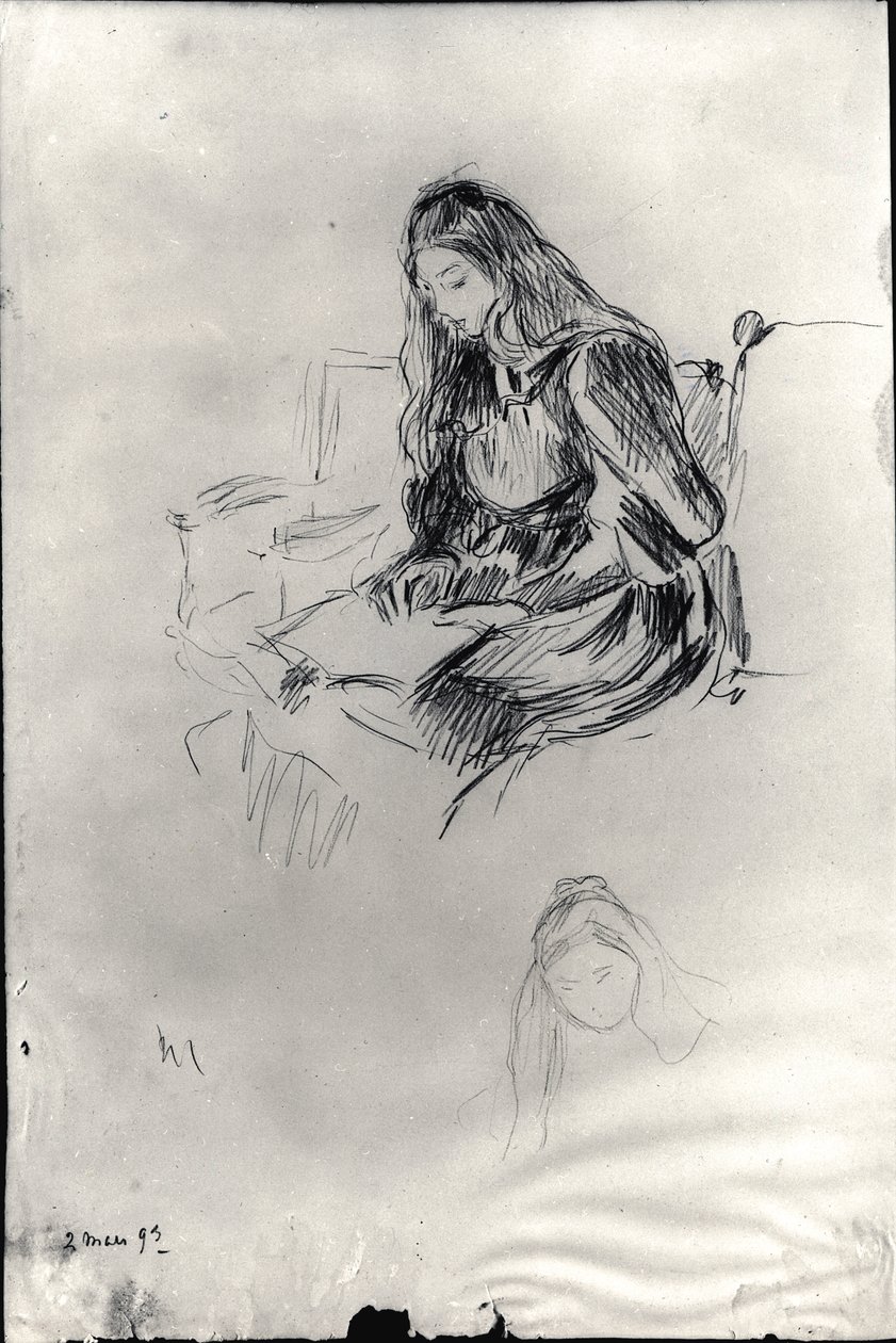 Julie Manet (1878-1966) læser, 2. marts 1893 (sort bly på papir) af Berthe Morisot