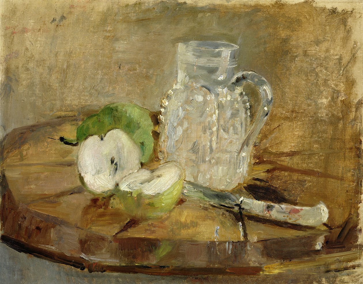 Stilleben med et skåret æble og en kande, 1876 af Berthe Morisot