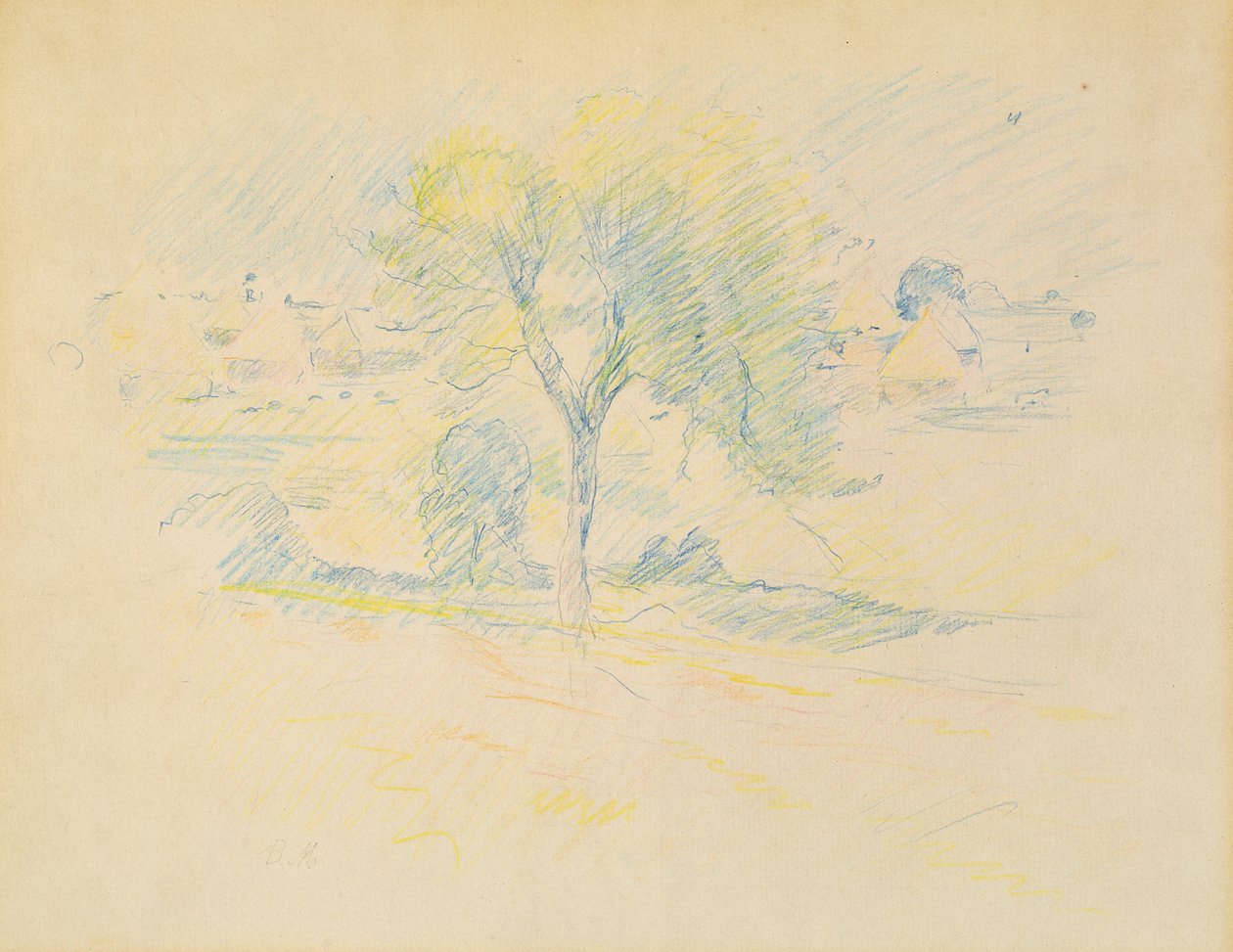 Træer og møllesten, 1883 (farveblyant på papir) af Berthe Morisot