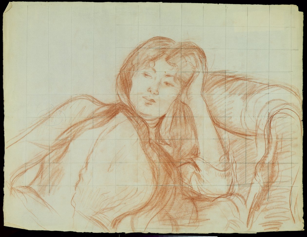 Ung pige læner sig op ad albuen, 1887 (rødt kridt på papir) af Berthe Morisot