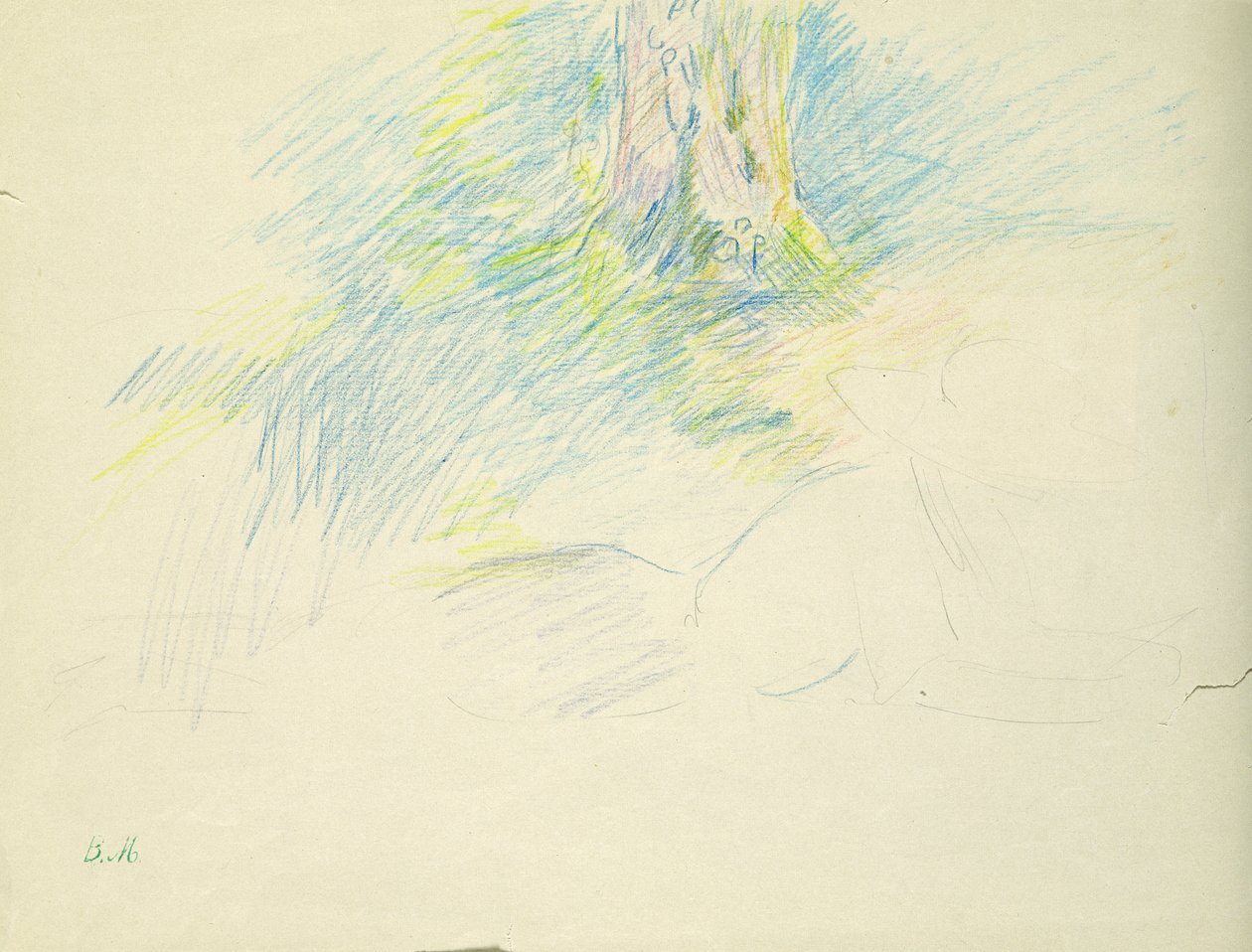 Ung pige liggende under et træ, 1891 (farvet blyant på papir) af Berthe Morisot