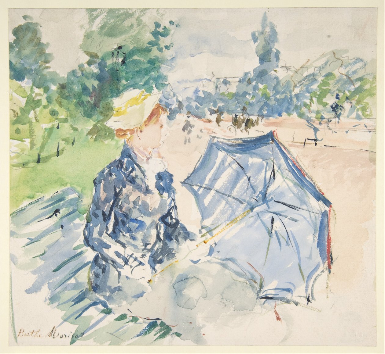 En kvinde siddende på en bænk på Avenue du Bois af Berthe Morisot