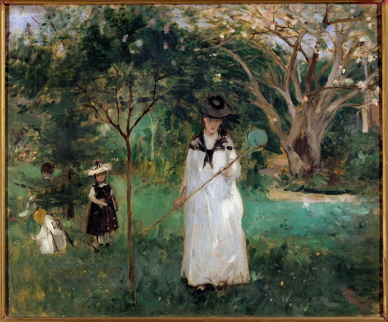 Sommerfuglejagt En ung kvinde holder et sommerfuglenet. Maleri af Berthe Morisot (1841-1895) 1874 søn. 0,46x0,56 m Paris, musee d