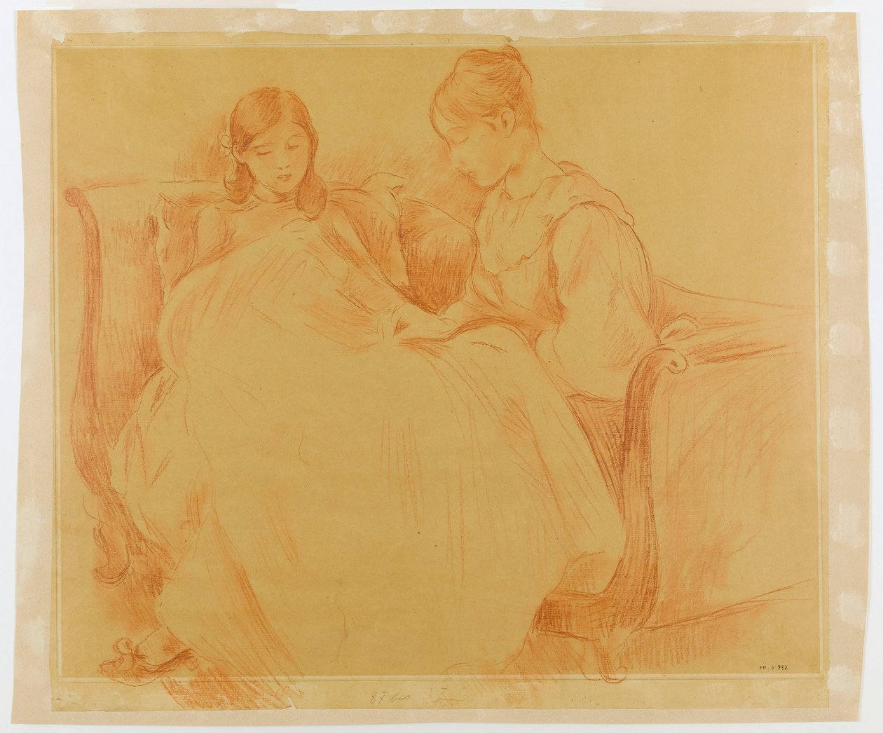 Studie af unge piger, der syr af Berthe Morisot