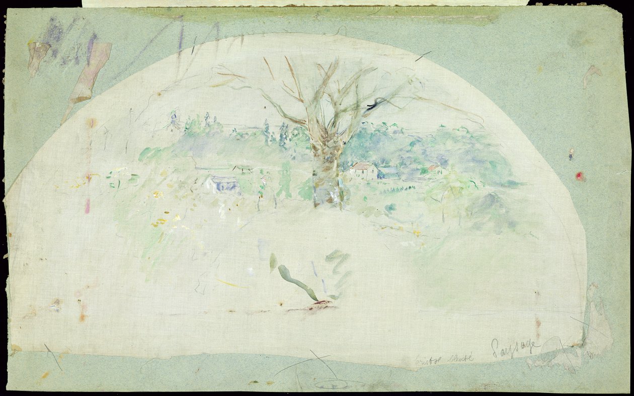 Vifte forestillende Bougival, 1884 (olie, blyant og wc på silke) af Berthe Morisot