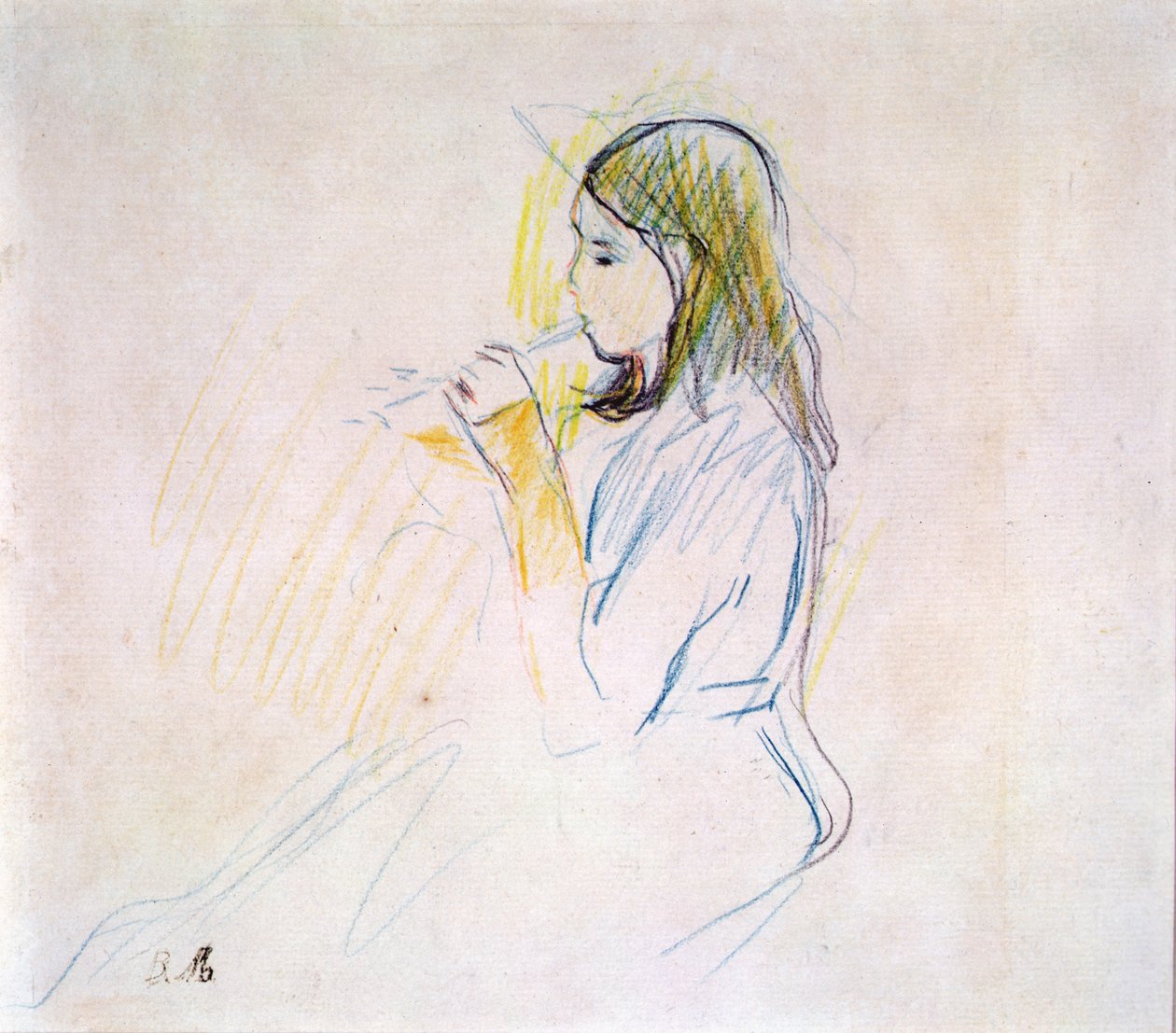 Manets datter spiller blokfløjten (farvet blyant på papir) af Berthe Morisot