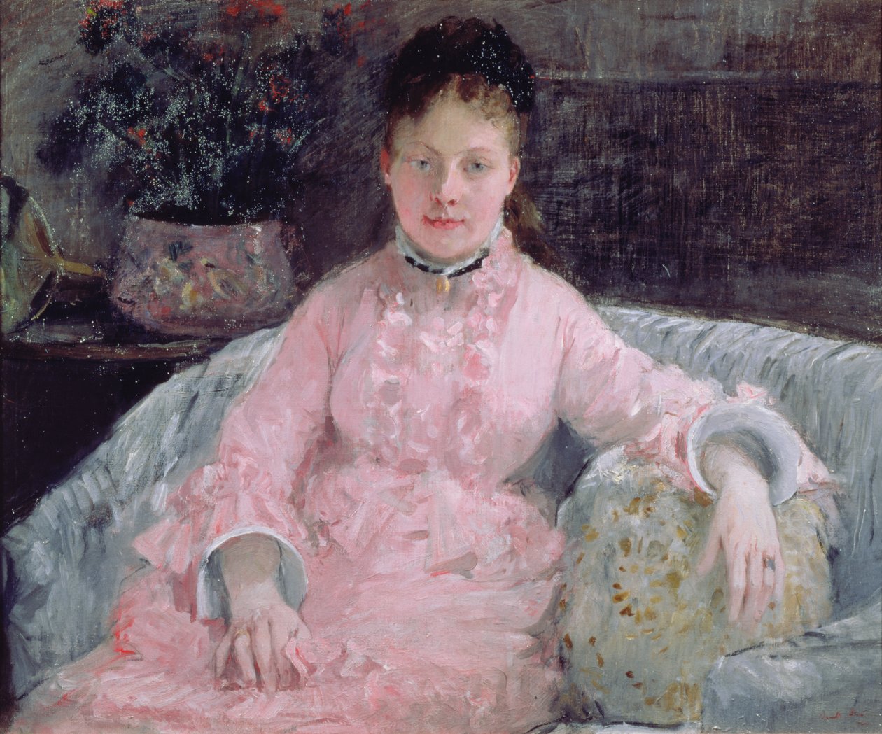 Portræt af en kvinde i en lyserød kjole af Berthe Morisot