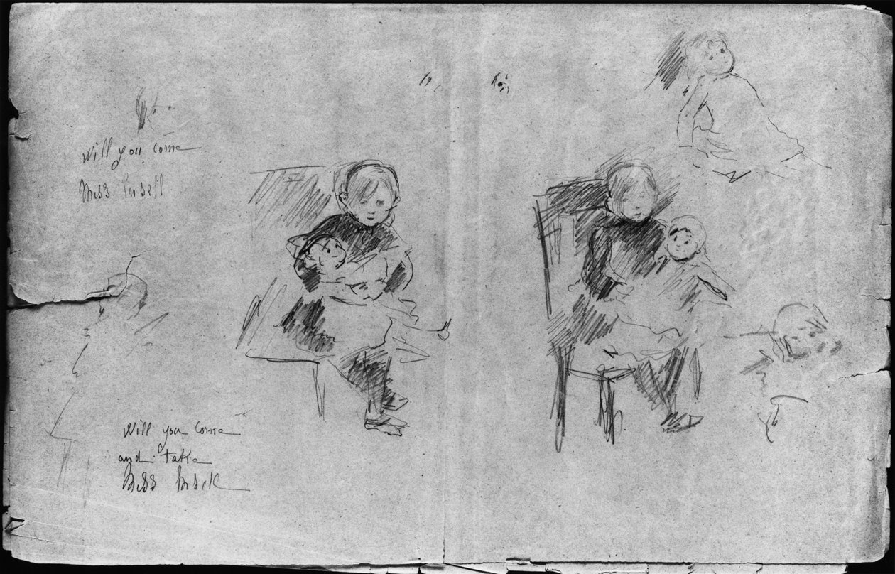 Studier for lille pige med en dukke, 1884 (sort bly på papir) af Berthe Morisot