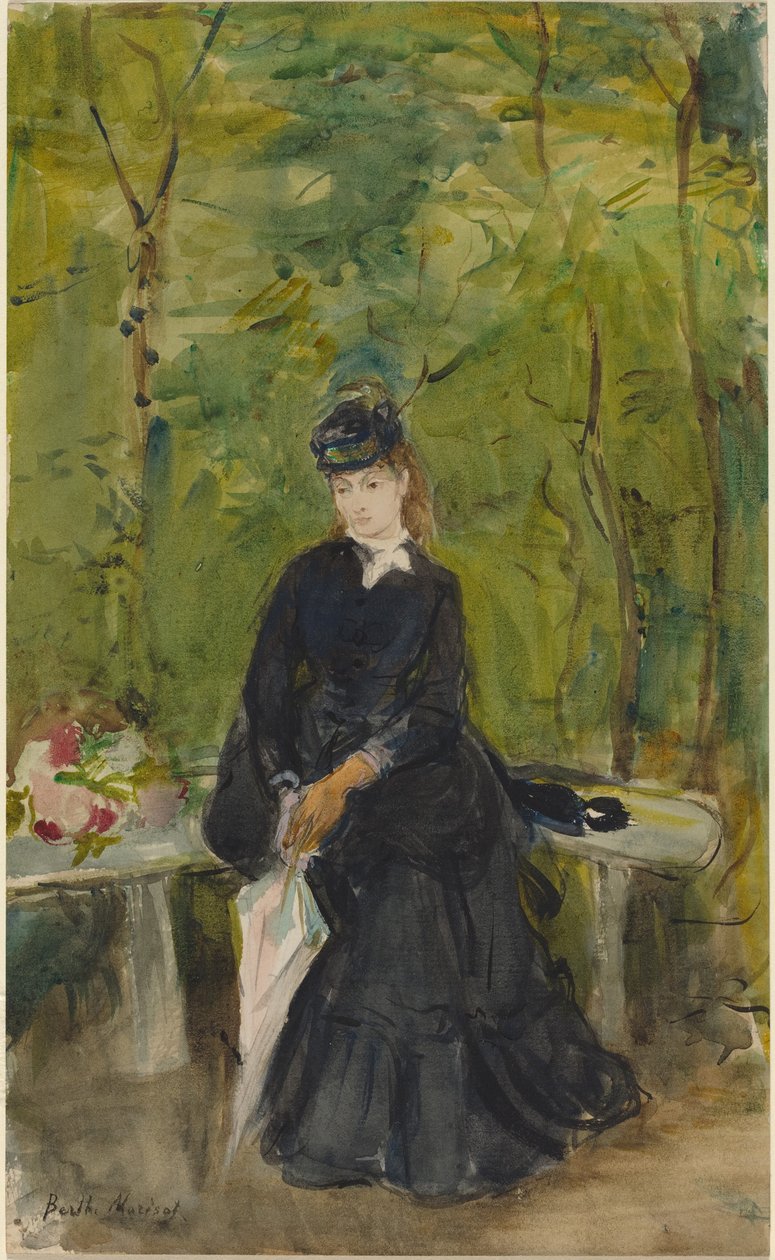 Kunstnerens søster Edma siddende på en bænk af Berthe Morisot
