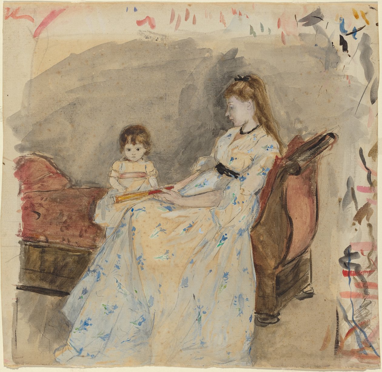 Kunstnerens søster, Edma, med datteren Jeanne, 1872 (wc over grafit på bindet papir) af Berthe Morisot