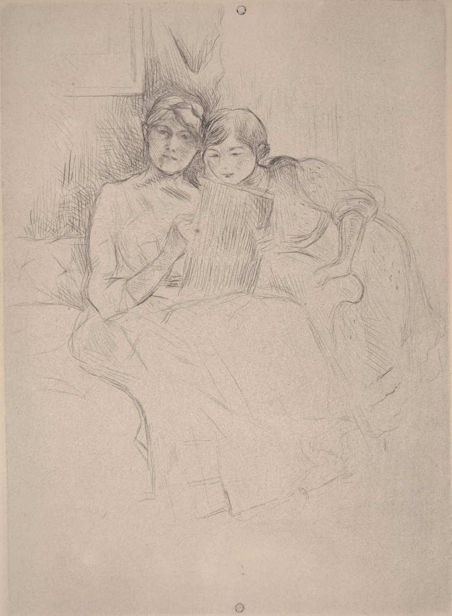 Tegneundervisningen - Berthe Morisot tegner med sin datter, ca. 1889-90 (tørpunkt) af Berthe Morisot