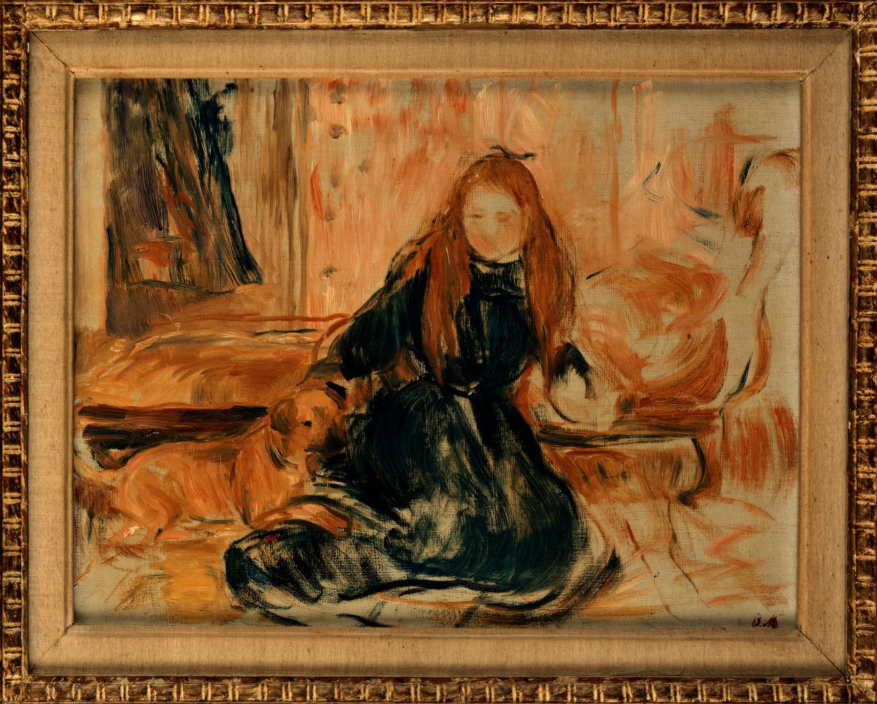 Ung pige leger med en hund, 1892 af Berthe Morisot