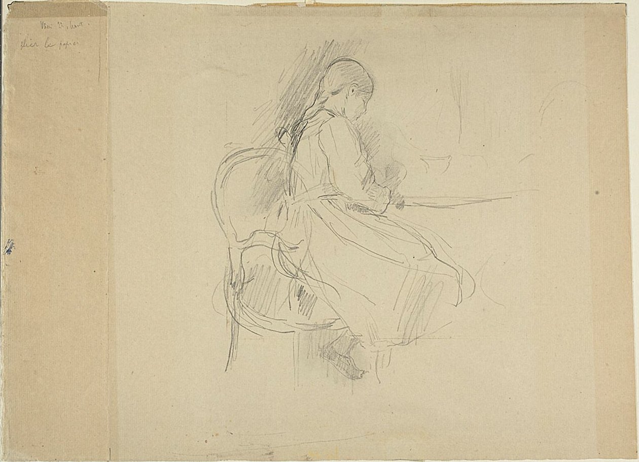 Ung pige sidder ved et bord af Berthe Morisot