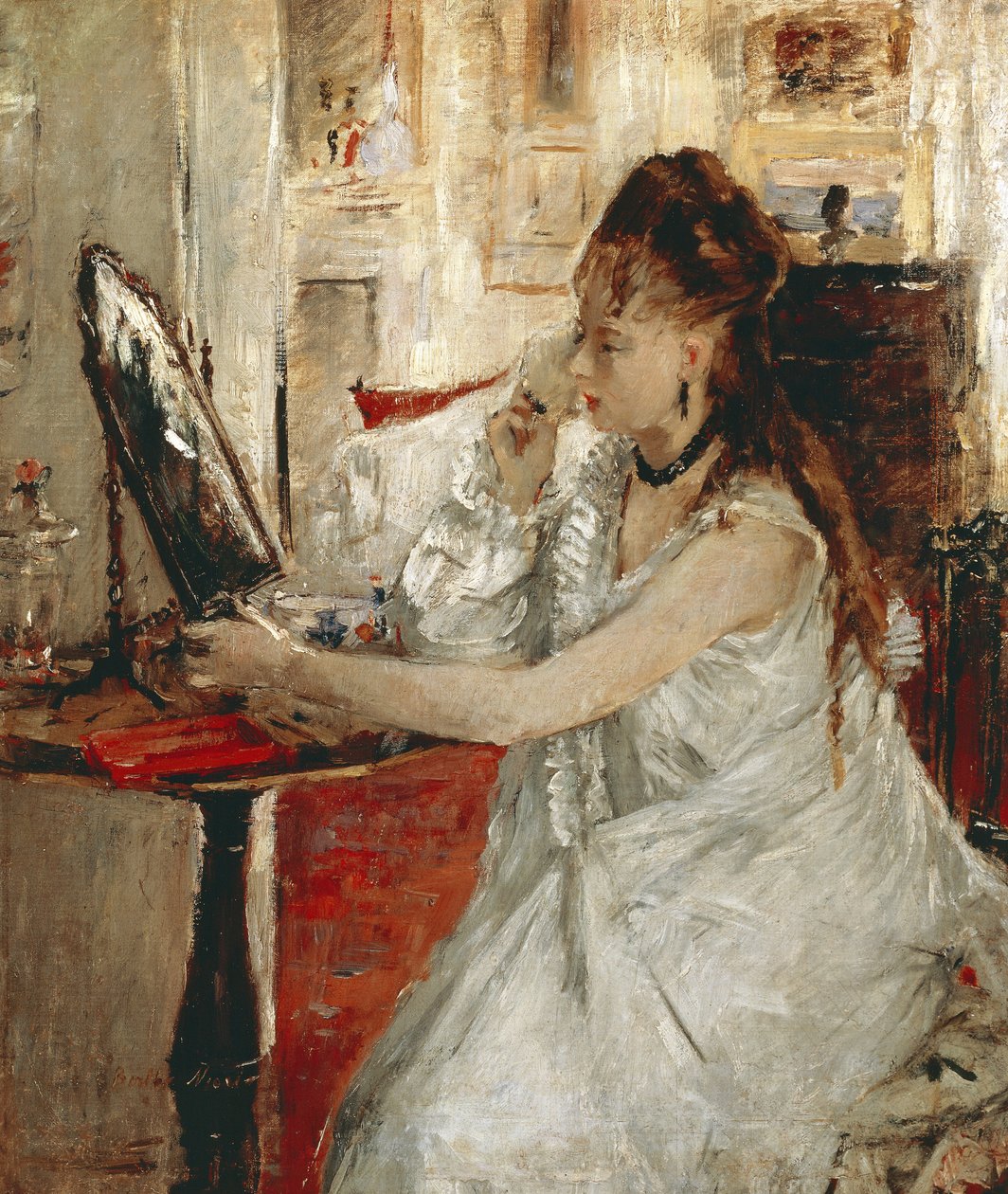 Ung kvinde pulveriserer sit ansigt (olie på lærred af Berthe Morisot