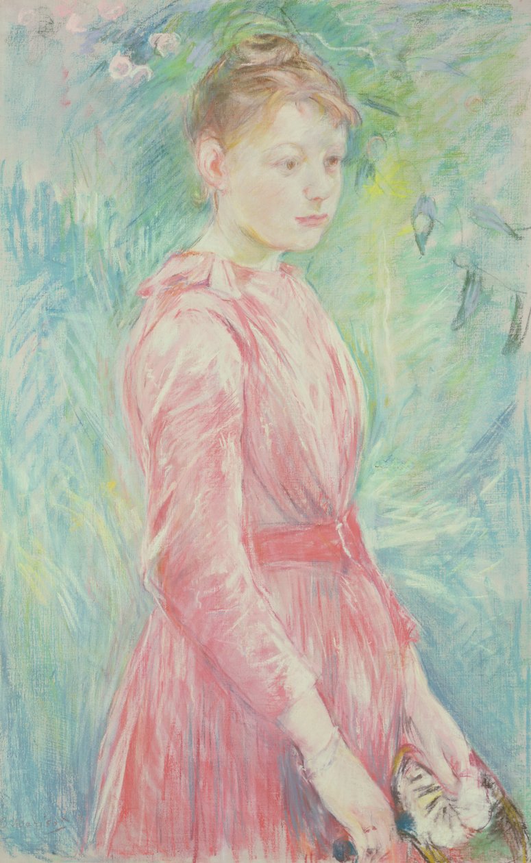 Ung pige i lyserød kjole (pastel på papir) af Berthe Morisot