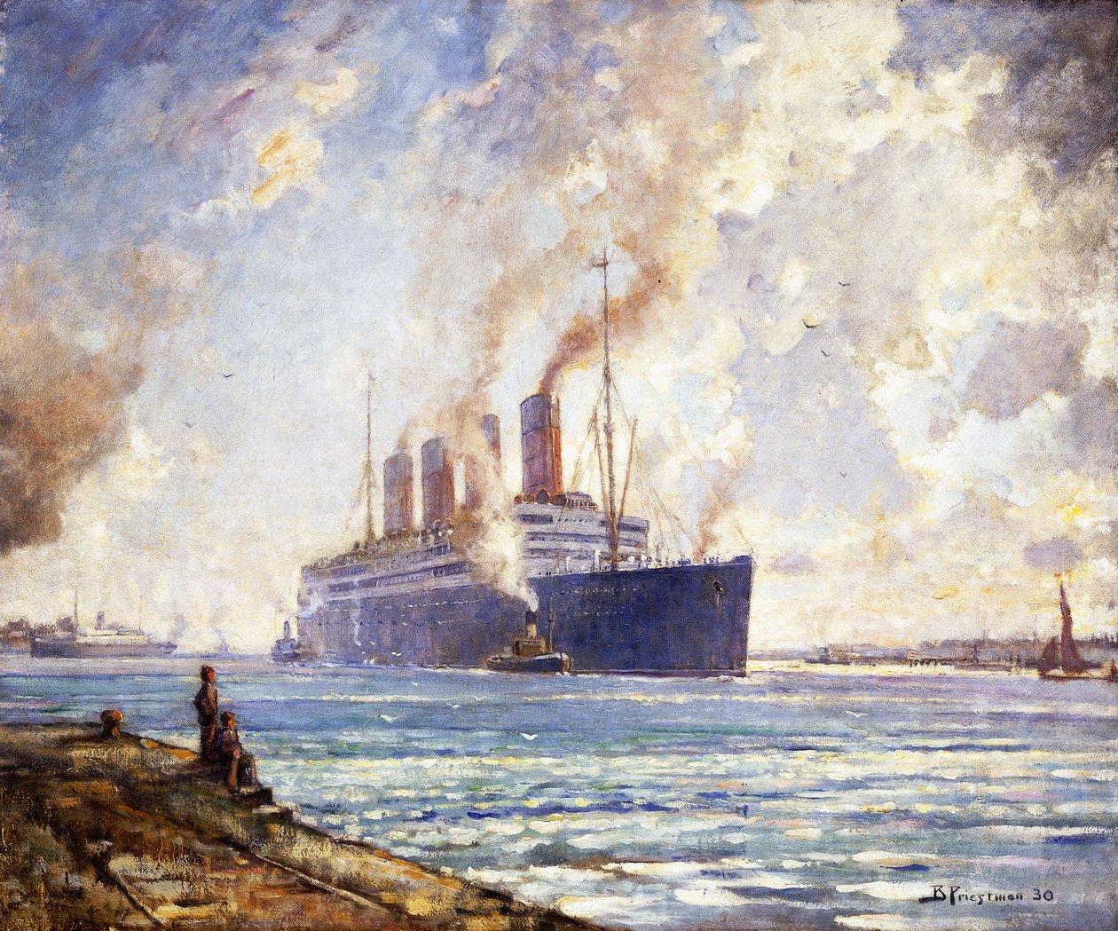 Aquitania kommer op ad Southampton Water af Bertram Priestman