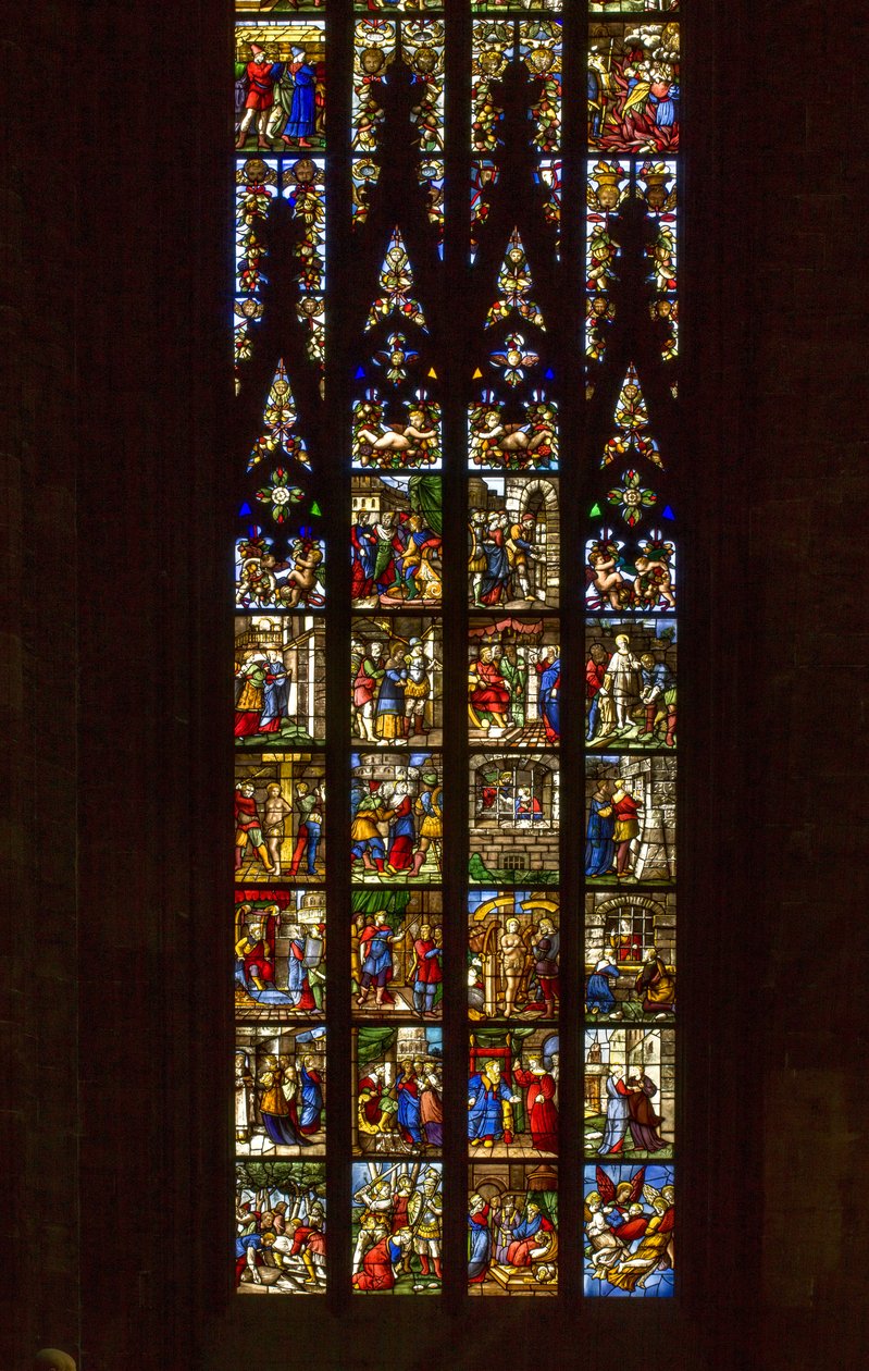 Glasmosaikvindue med historierne om Sankt Katarina af Alexandria, designet af Biagio og Giuseppe Arcimboldi, venstre sideskib i Milanos domkirke af Biagio & Arcimboldi Giuseppe Arcimboldi