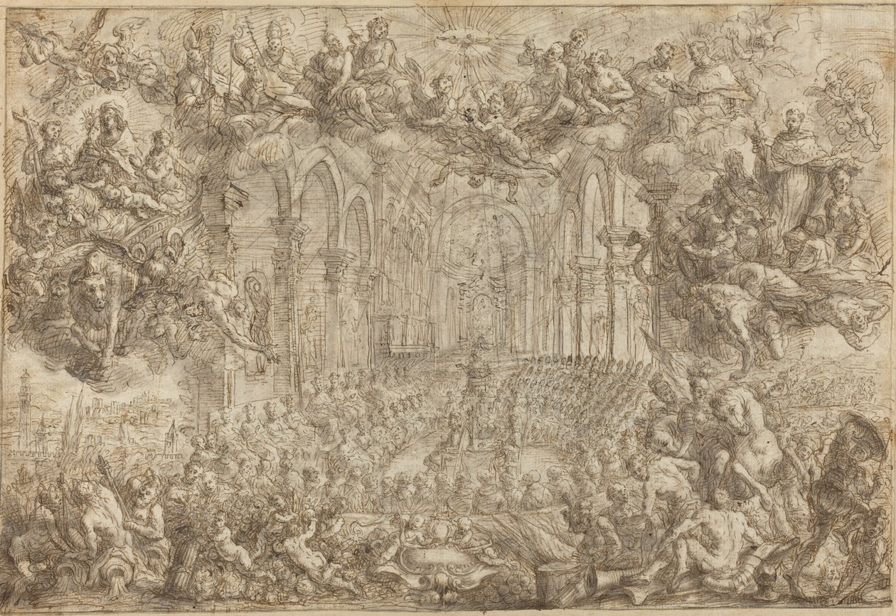 Koncilet i Trent med Saint Thomas, der besejrer kætterne af Biagio Falcieri