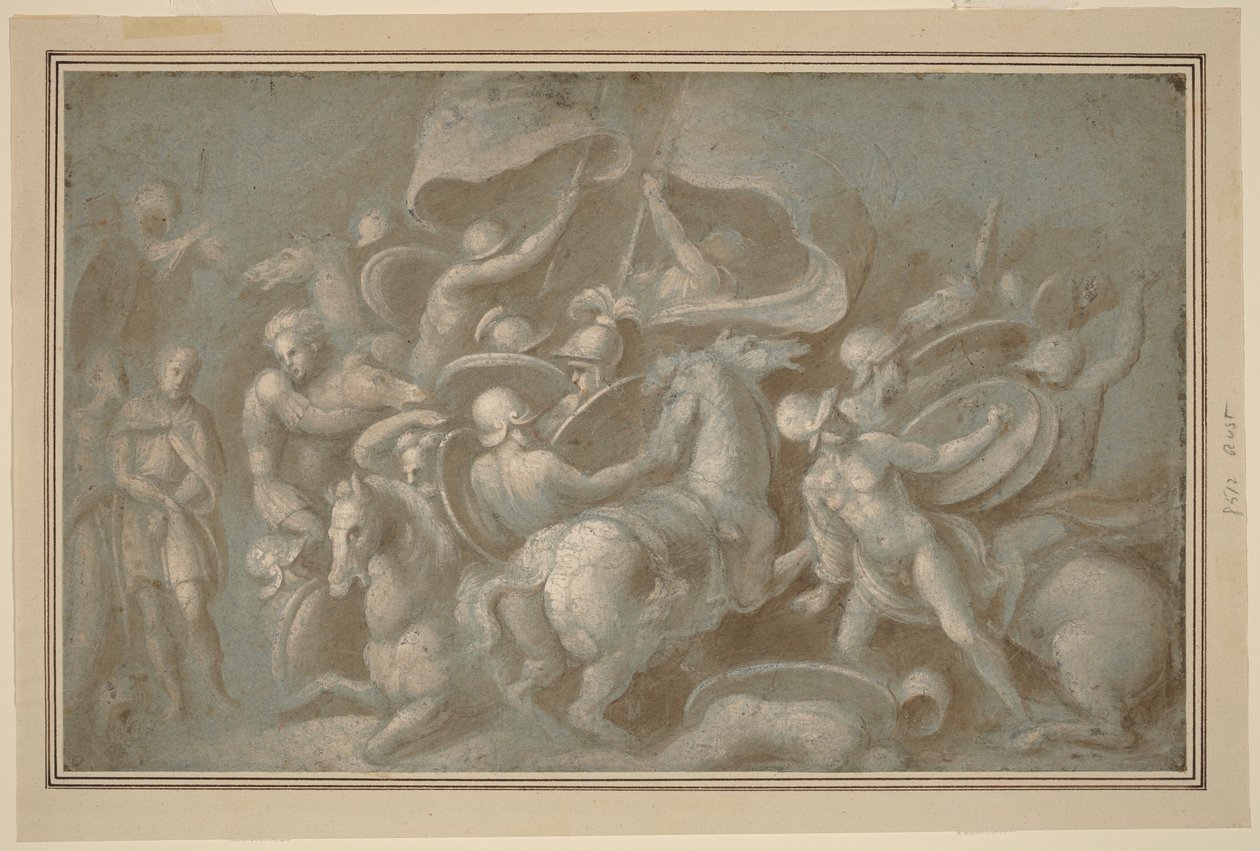 Battle Scene (pensel og brunvask med hvid gouache over sort kridt på blåt papir) af Biagio Pupini