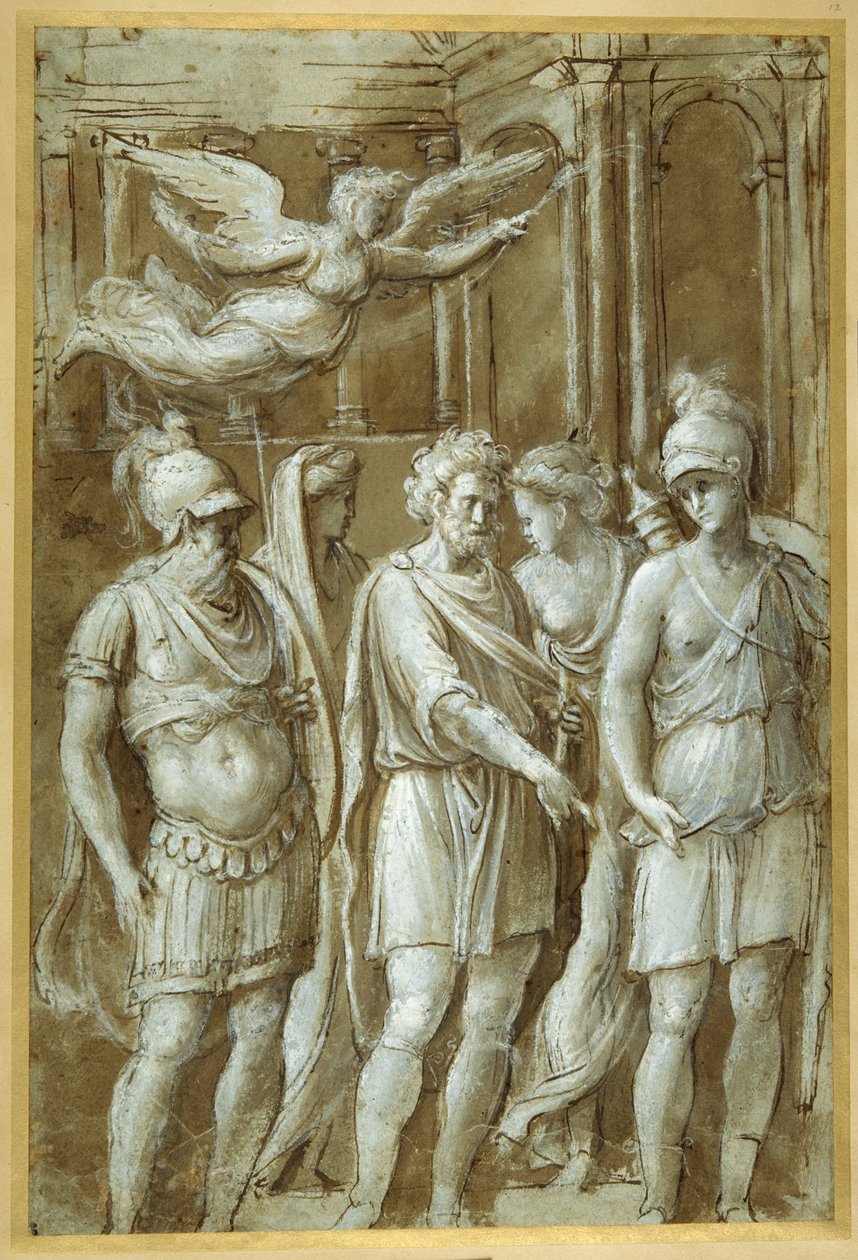 Panel fra Konstantinbuen (pen & brunt blæk med brun vask forhøjet med hvid kropsfarve på carta azzurra) af Biagio Pupini