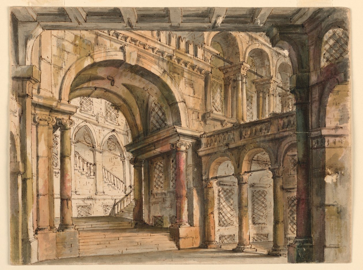 Scenedesign, paladsgårde og trapper af Bibiena Family, 1657
