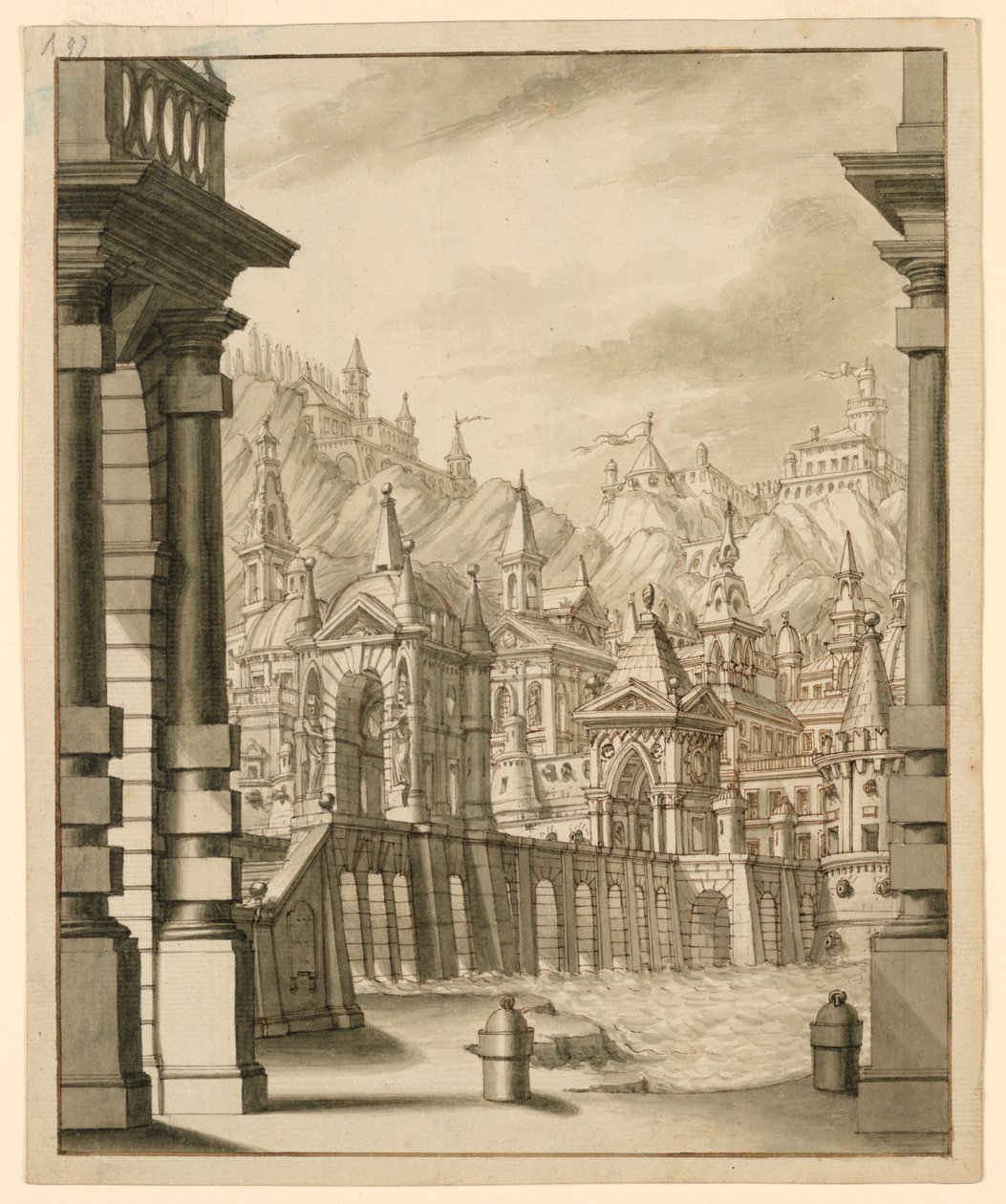 Scenedesign, by på bakke med bygninger med tårne af Bibiena Family, 1657
