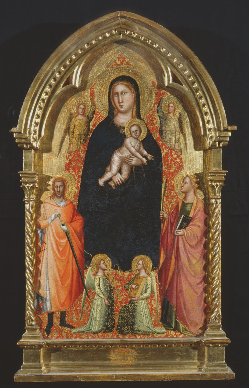 Madonna og barn med de hellige Katarina og Giuliano og engle på tronen (tempera på panel) af Bicci di Lorenzo