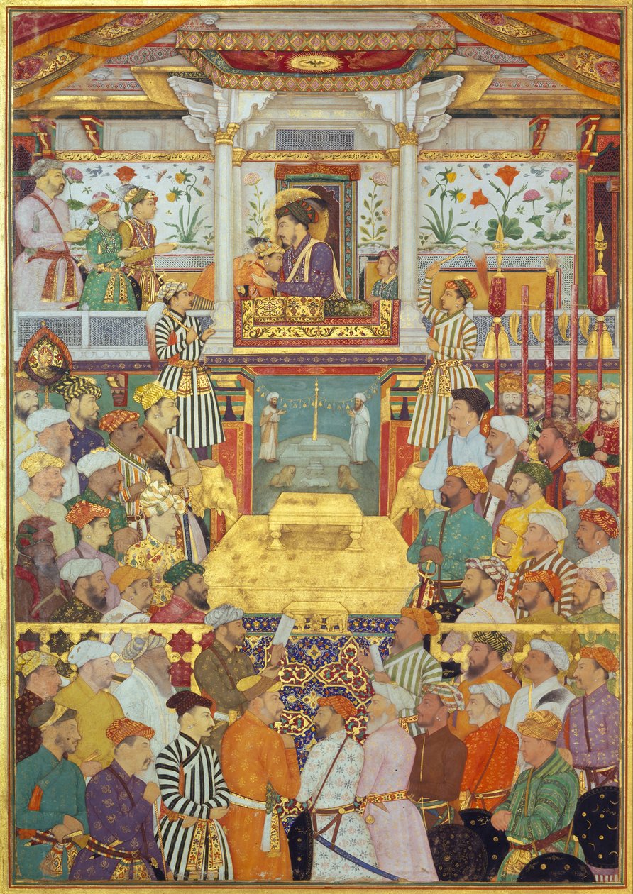 Padshahnama plade 10 : Shah-Jahan modtager sine tre ældste sønner og Asaf Khan under tiltrædelsesceremonierne (8. marts 1628) af Bichitr