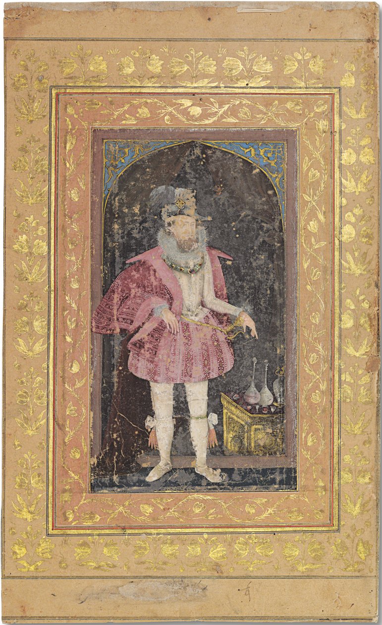 Et sjældent Mughal-portræt af James I, ca. 1615-18 (ugennemsigtige pigmenter forstærket med guld på papir) af Bichitr Bichitr