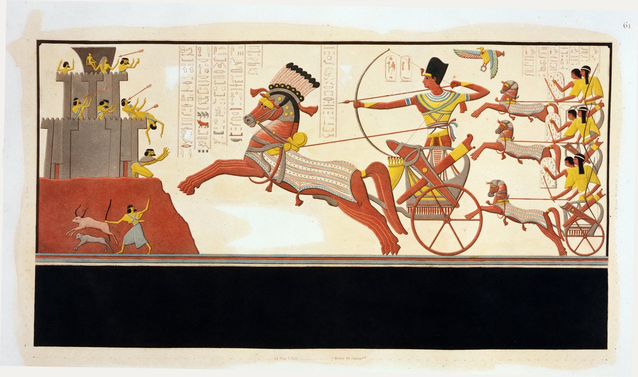 Ramses II (1279-13 f.Kr.) i slaget ved Kadesh, hvor han står over for Hittitternes konge Muwattalis hær, vægmaleri fra Ramses II