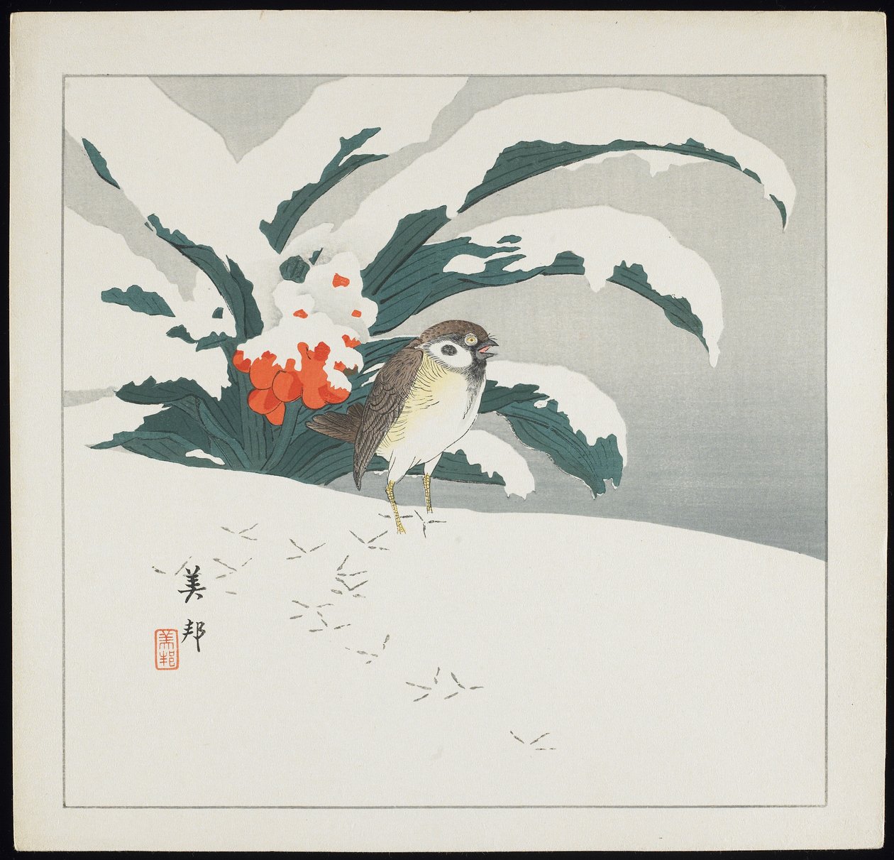 Fugl i sne, begyndelsen af det 20. århundrede af Biho Takashi or Takahashi (b. 1873. fl 1890 1930)