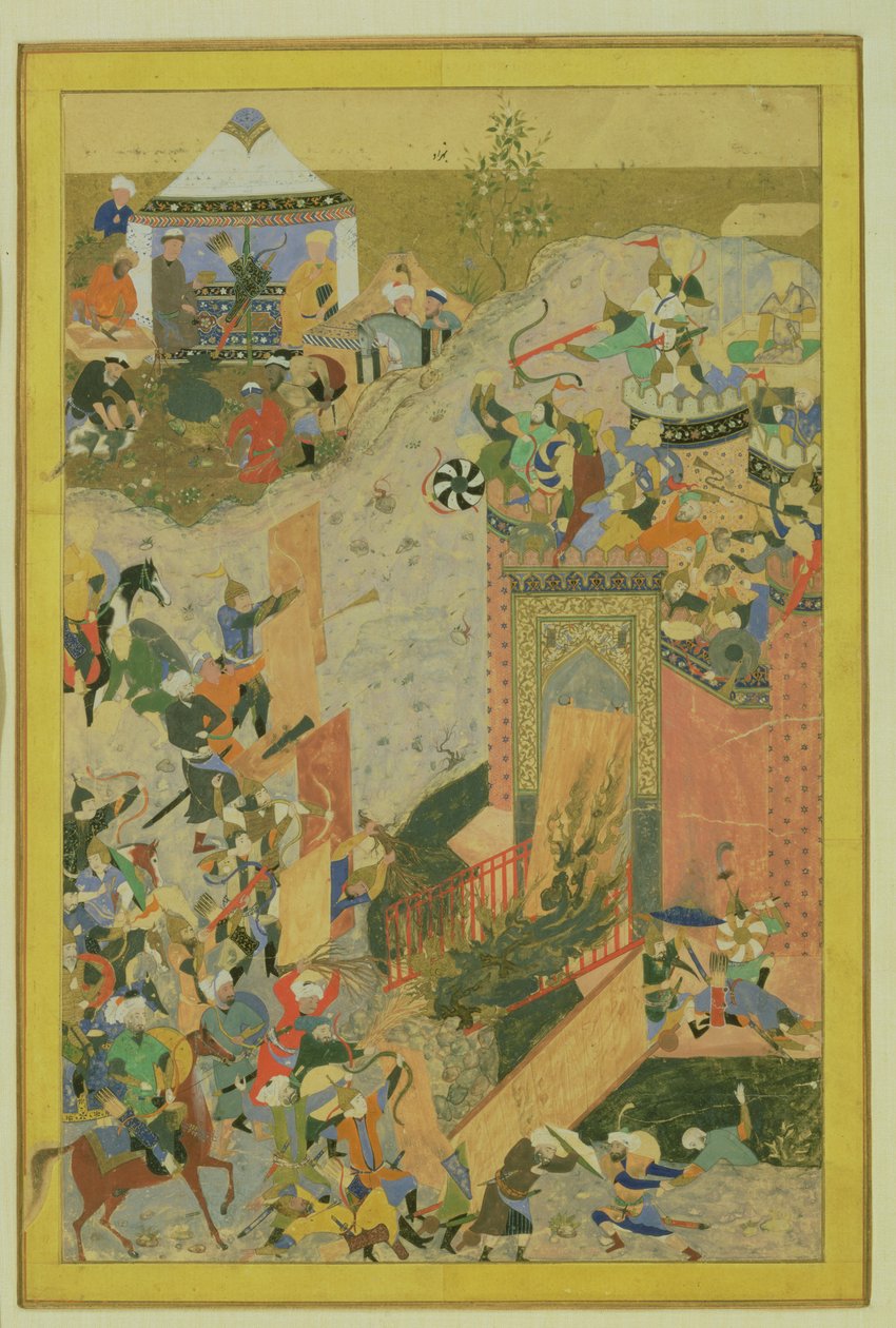 Angreb på et slot, persisk, timuridisk periode (1370-1506) ca. 1475-1500 (wc og bladguld på papir) af Bihzad attr. to Bihzad attr. to