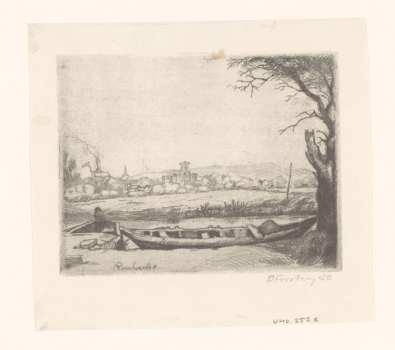 Kanal med en stor båd og en bro ("The schuytje i forgrunden") af Birger John Forsberg