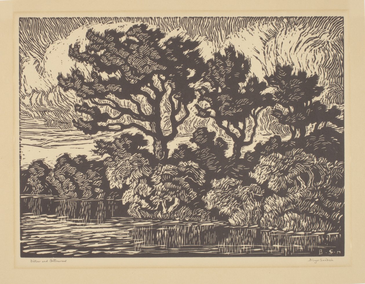 Willow and Cottonwood, ca. 1931 (linoleumssnit) af Birger Sandzen