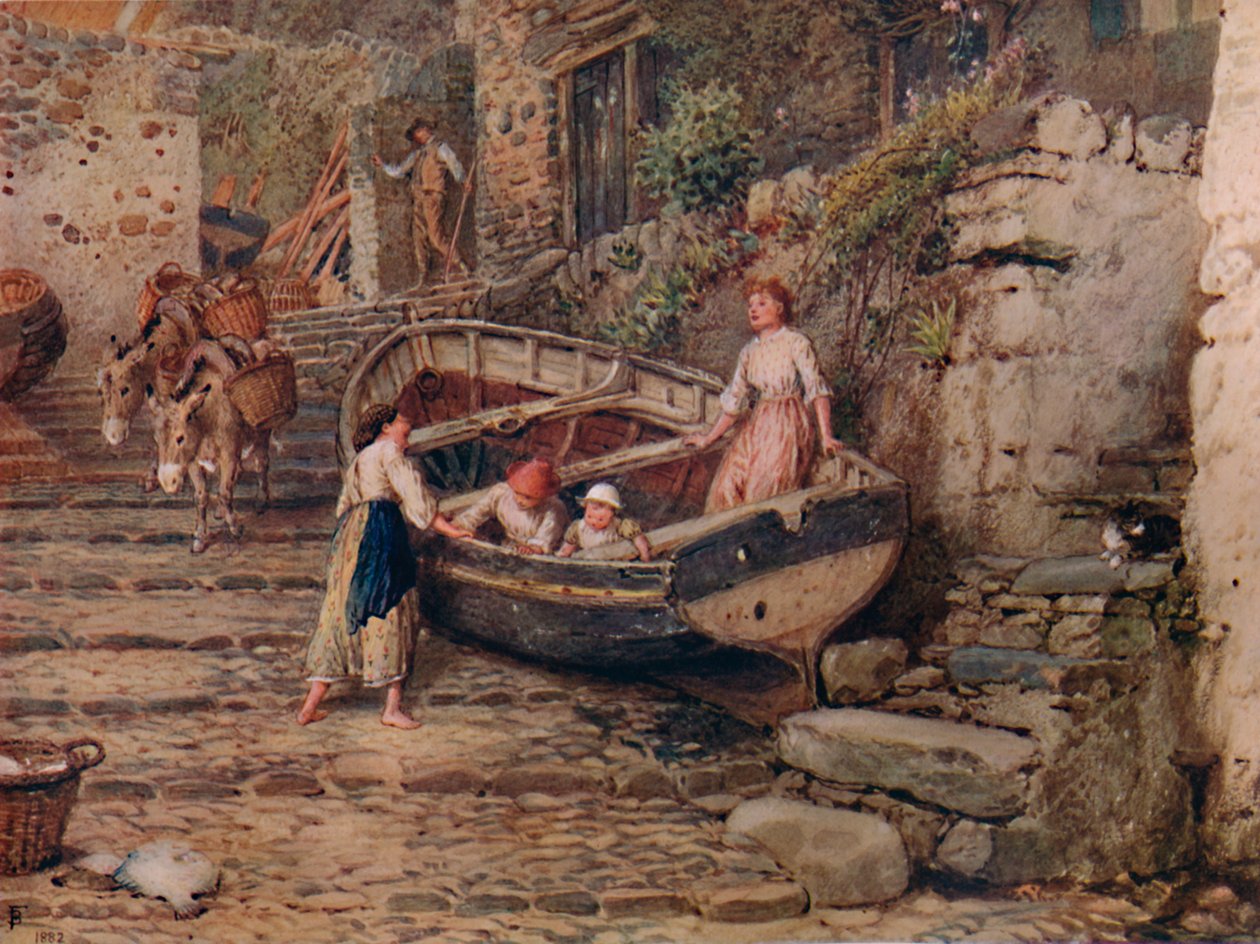 Udsigt ved Clovelly, med strandet båd og figurer, 1882, 1935 af Birket Foster