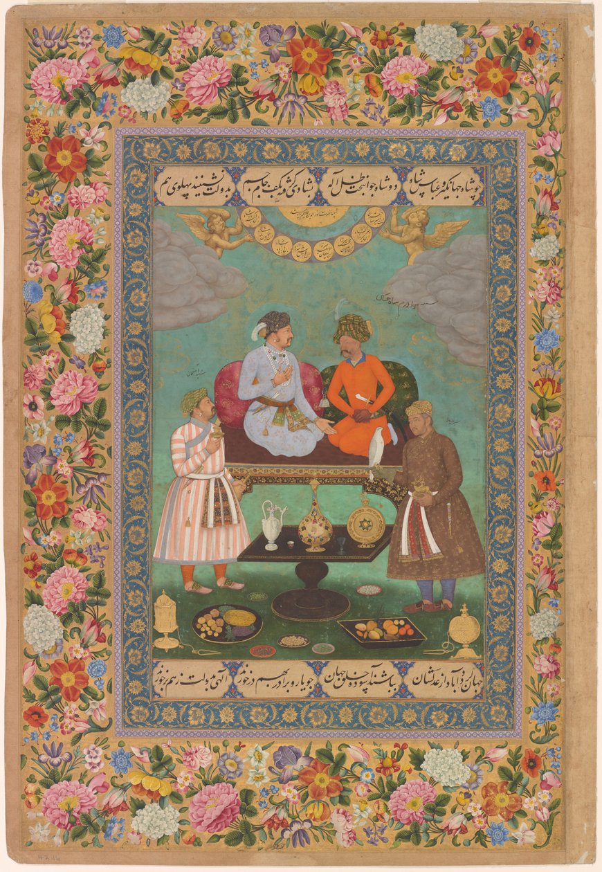 Jahangir underholder Shah Abbas fra Skt. Petersborg-albummet, ca. 1620 (akvarel, guld, blæk på papir) af Bishandas