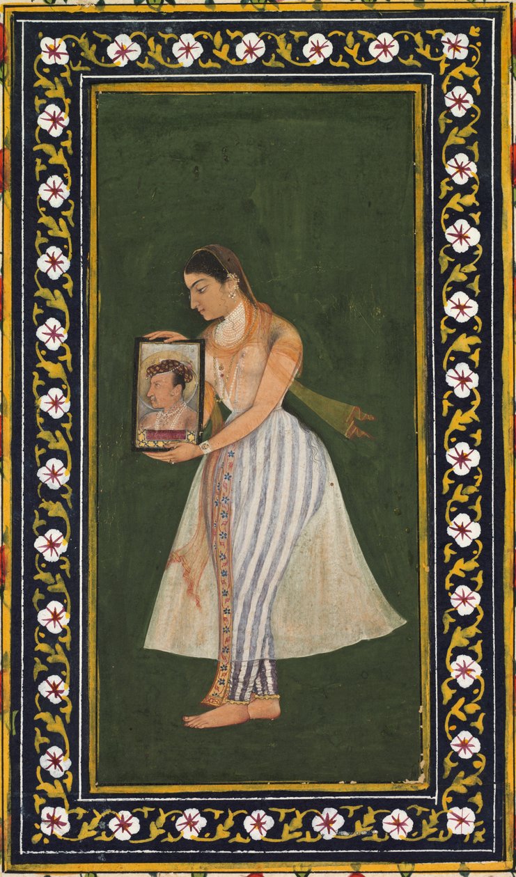 Nur Jahan holder et portræt af kejser Jahangir af Bishandas