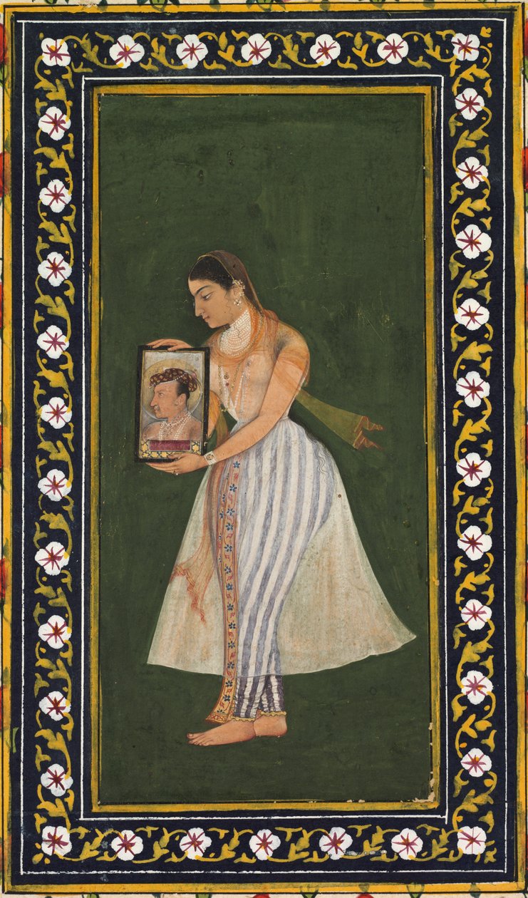 Nur Jahan, med et portræt af kejser Jahangir, ca. 1627. af Bishandas