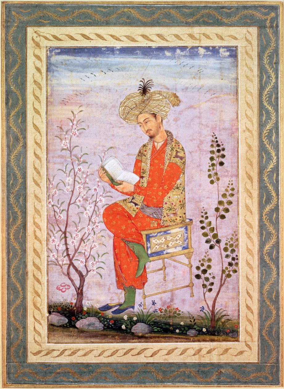Babur (r.1526-30) Reading, Mughal (akvarel på papir) af Bishn Das