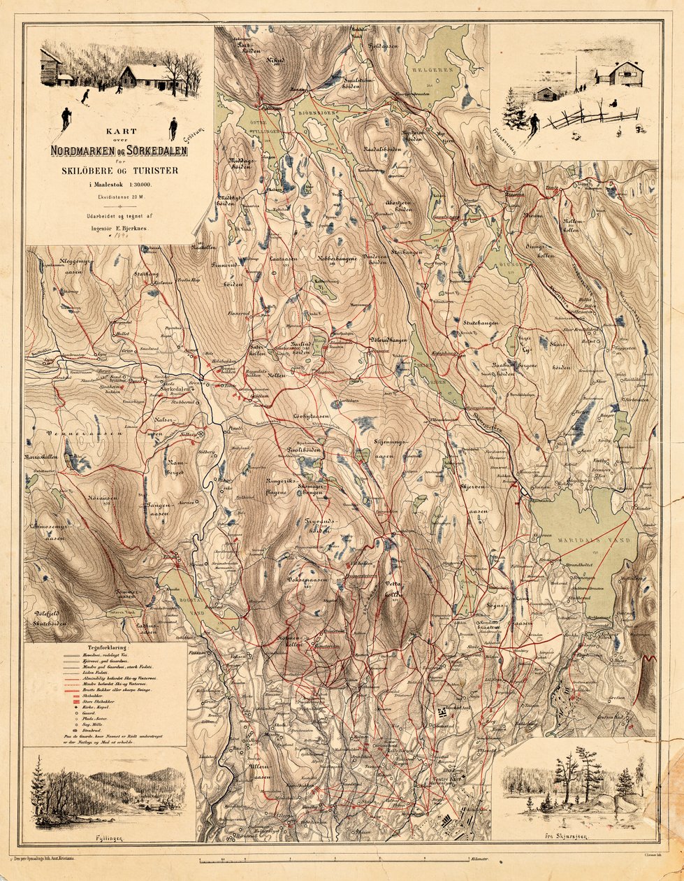 Kort fra Nationalbibliotekets kortsamling. Kortet blev udgivet i (1890) og viser Nordmarka, Sørkedalen af Bjerknes