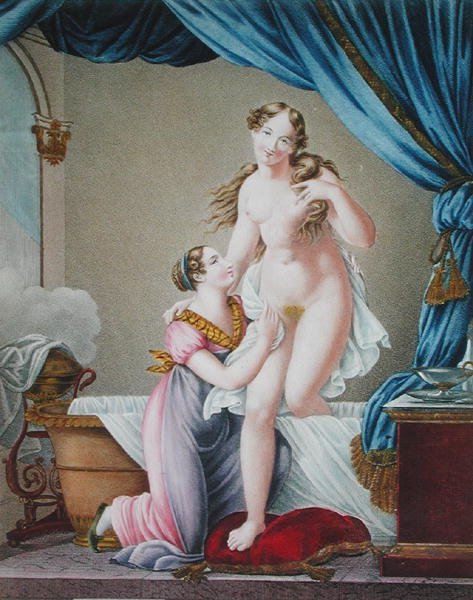 Kvinde, der kommer ud af sit bad, assisteret af sin stuepige, ca. 1820 (farvegravering) af Blaizot (after)