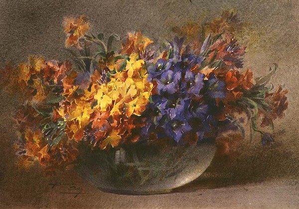 Forårsblomster i en glasskål (akvarel) af Blanche Odin