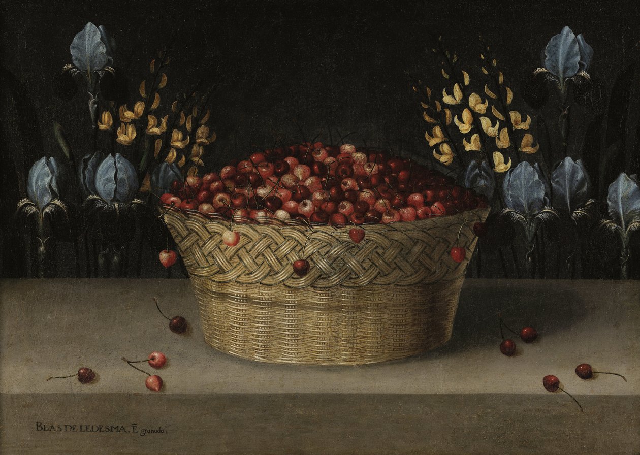 Stilleben med kirsebær, lupin og iris, ca. 1610 (olie på lærred) af Blas de Ledesma