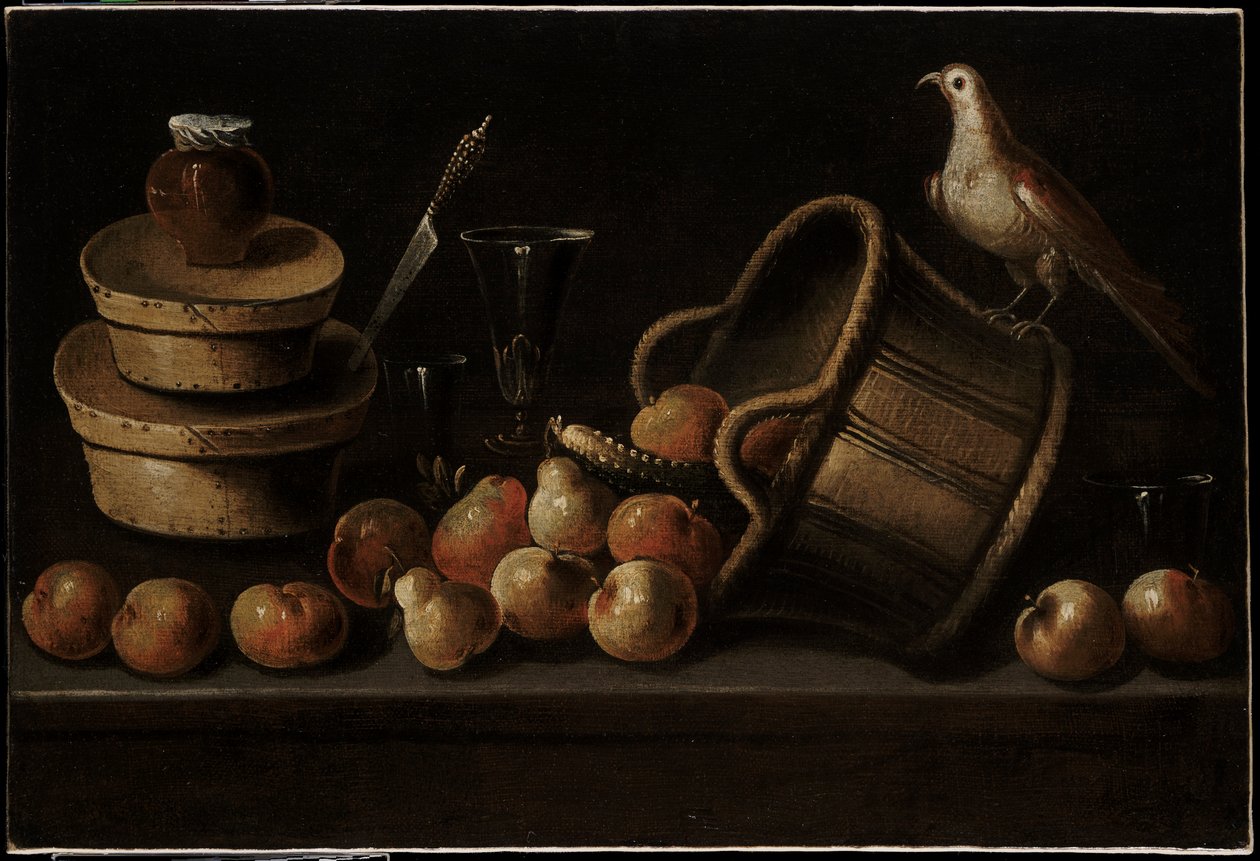 Stilleben med frugt og en fugl af Blas de Ledesma