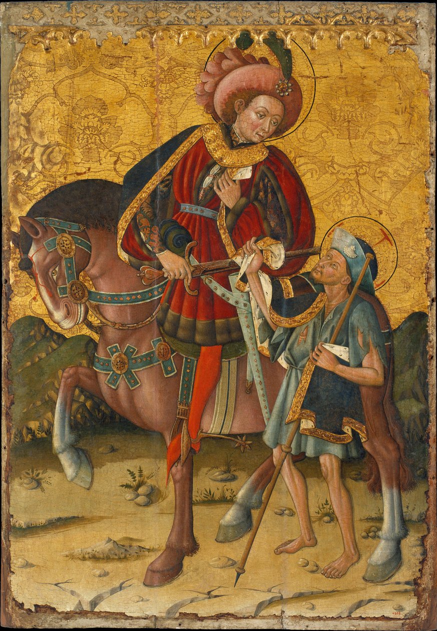 Sankt Martin af Tours (eller den barmhjertige) (316-397), klipper sin frakke af for at dele den med en fattig mand - Maleri af Blasco de Granen (?-1459), tempera på træ (153,5x106 cm), ca. 1440 - Saint Martin deler sin kappe, Tempera på panel af Blasco de af Blasco de Granen