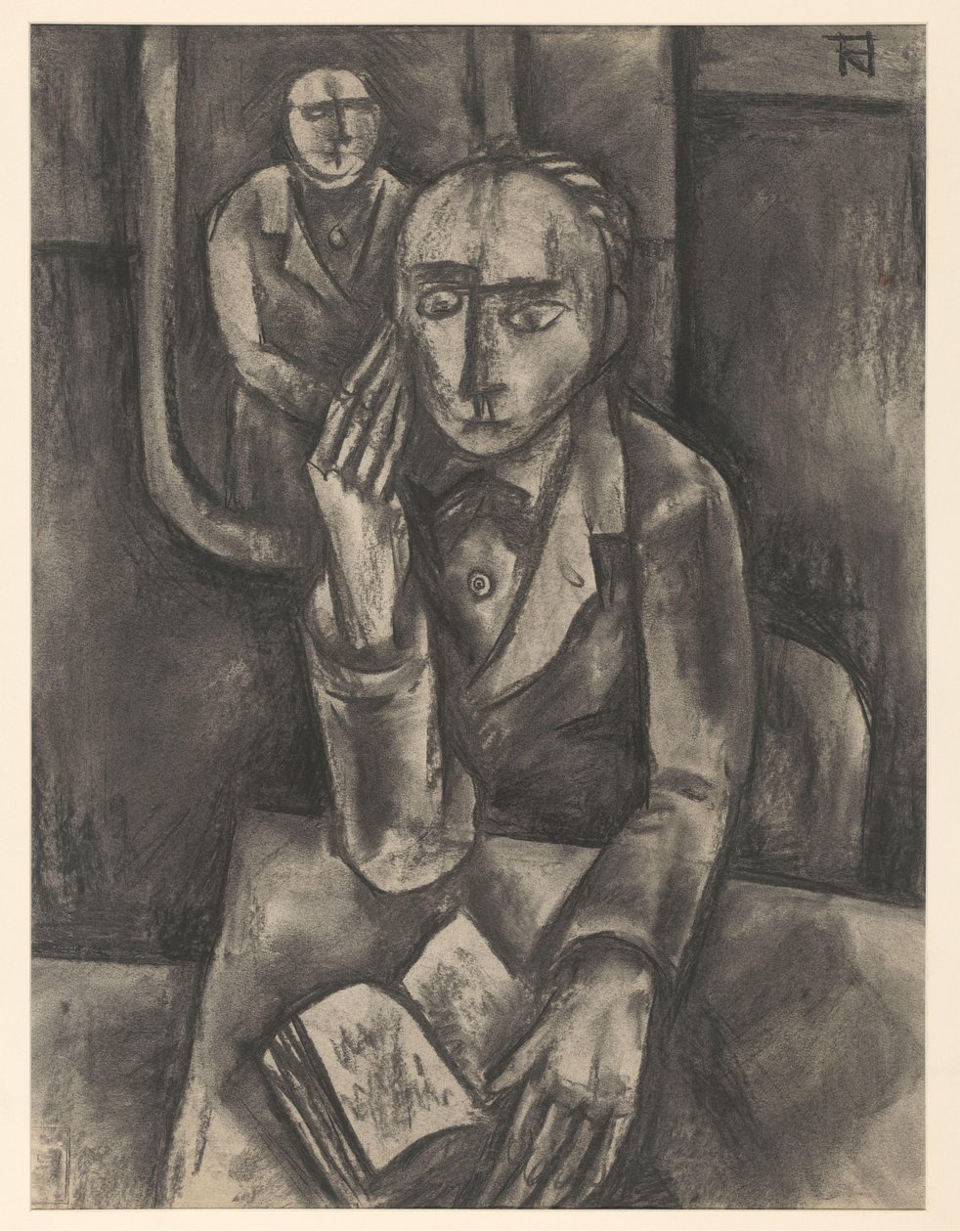 Mand sidder ved bordet med en åben bog af Bob Hanf (signed by artist)