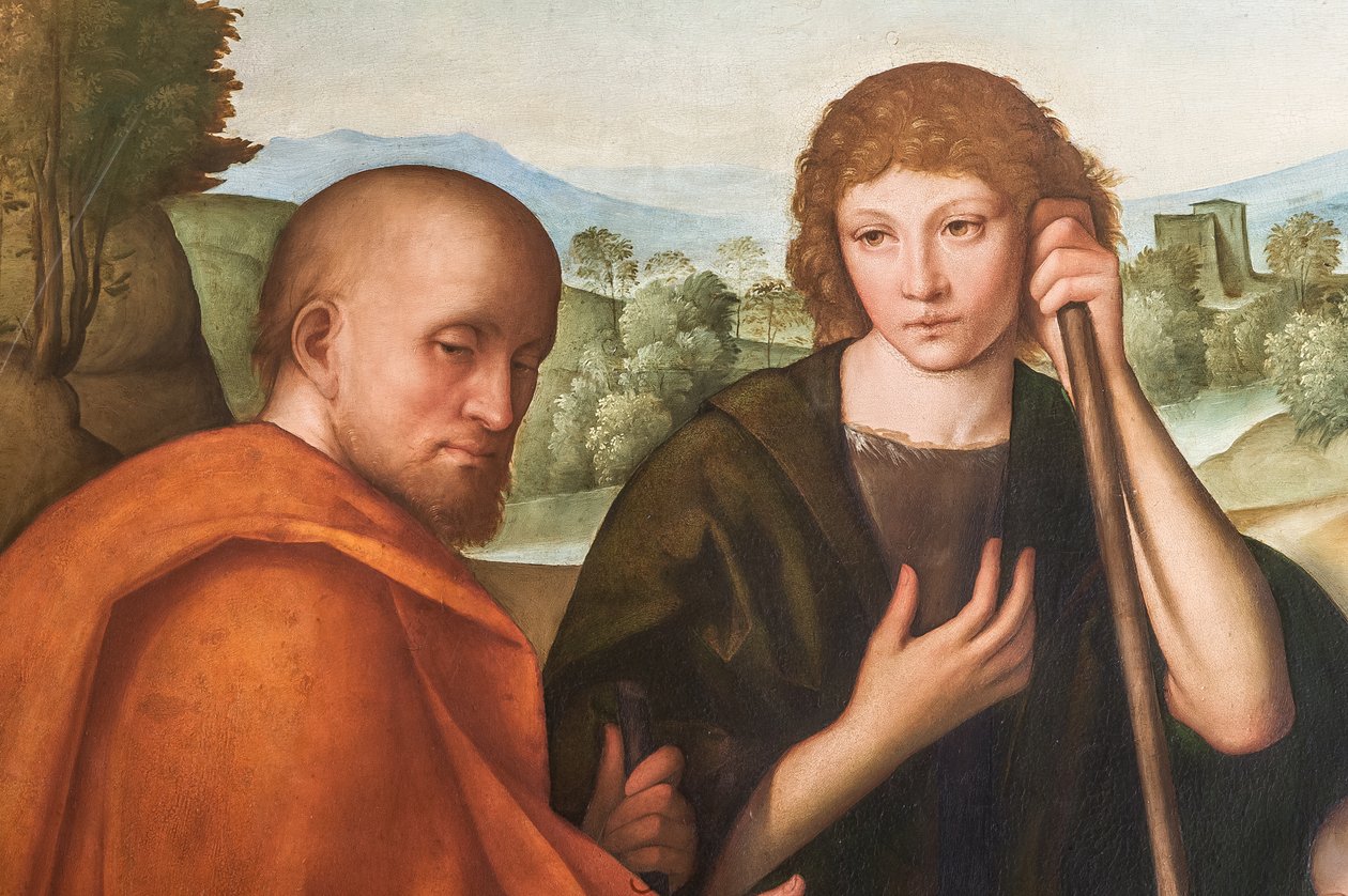 Tilbedelse af hyrderne Madonna med spædbarnet Jesus og to hyrder, detalje af 2384594 af Boccaccio Boccaccino